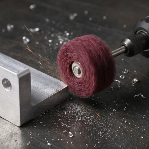 Bulk 100 Pack Rotary Tool Buffing Wheels Polishing Kit For Metal Removal And Deburring in action on metal surface