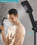 Man using Beast High Pressure Rainfall Shower Head With Handheld Combo in bathroom, matte black finish