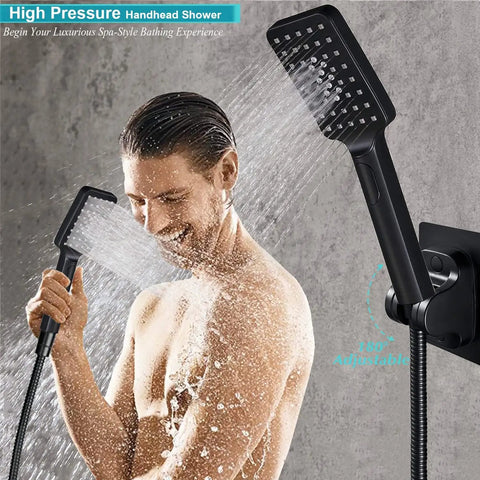 Man using Beast High Pressure Rainfall Shower Head With Handheld Combo in bathroom, matte black finish