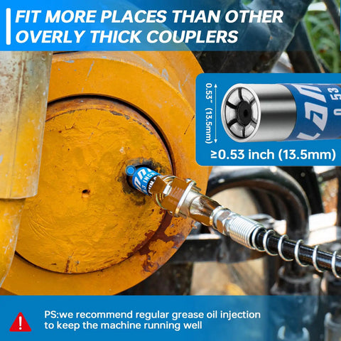 Upgraded 0.53 Inch Grease Gun Coupler Kit With Locking And Leakproof 12000 PSI Tip Set used on machinery with yellow wheel
