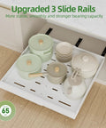 Super Slick Slide Out Cabinet Organizer Baskets For Kitchen Pantry And Under Sink Storage Extra Deep Twenty One Inch Expandable Four Pack, showcasing pots and dishes in a white organizer.