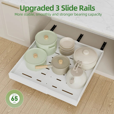 Super Slick Slide Out Cabinet Organizer Baskets For Kitchen Pantry And Under Sink Storage Extra Deep Twenty One Inch Expandable Four Pack, showcasing pots and dishes in a white organizer.
