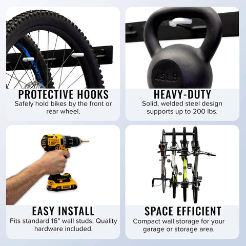 Beefy Four Bike Wall Mount Storage Rack Built From Solid Steel With Heavy Duty Garage Grade Construction Holds Up To 200 Lbs Across Four Bikes With Rubber Coated Hooks For Easy Access, showing layout and features of hooks, steel, install, and efficiency.