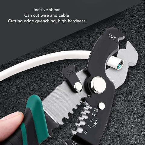 Heavy Duty 8 Inch Wire Stripper And Crimping Tool cutting cable, showing high carbon steel head and non-slip grip handle detail.