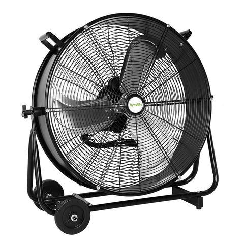 Front view of 24 Inch High Velocity Industrial Drum Fan With 8100 CFM, 3 Speed Heavy Duty Metal Shop Fan for workshops and garages.
