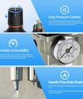 Close-up of 1/2 Inch NPT Four Stage Air Drying System featuring pressure control knob, PSI gauge, and auto drain details.