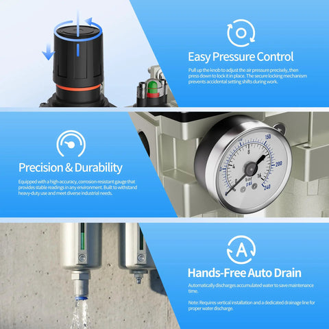 Close-up of 1/2 Inch NPT Four Stage Air Drying System featuring pressure control knob, PSI gauge, and auto drain details.