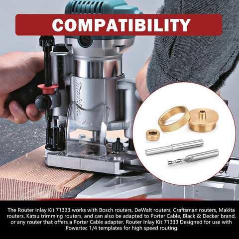 Solid Brass Router Inlay Kit 71333 for One Quarter Inch Template Guides, compatibility chart and components.
