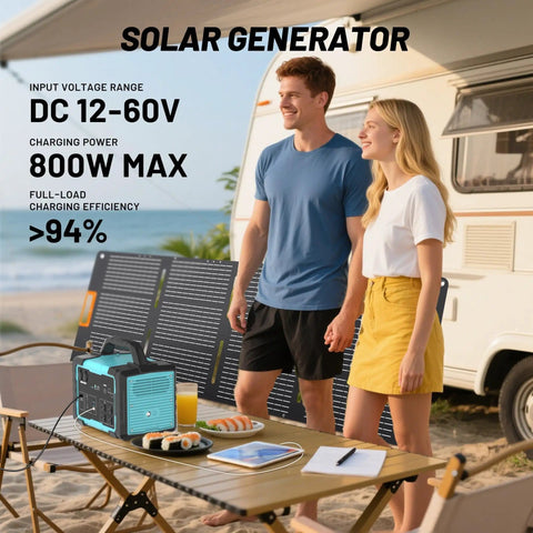 Couple by RV with Heavy Duty Solar Generator Kit that powers your gear with 1800W continuous power, 3600W surge, and 200W solar panel.