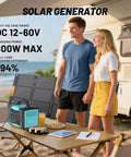 Couple camping with Portable Power Station 1800W Continuous, 3600W Surge, 1024Wh LiFePO4 Solar Generator, RV in background.
