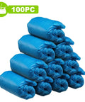 Stack of blue Disposable Shoe Covers Booties 100 Pack (50 Pairs) Waterproof Non Slip Indoor Foot Protectors, CPE material rolls