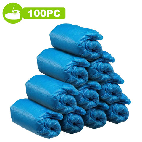 Stack of blue Disposable Shoe Covers Booties 100 Pack (50 Pairs) Waterproof Non Slip Indoor Foot Protectors, CPE material rolls