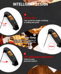 Instant Read Meat Thermometer With 1-Second Accuracy, Waterproof Digital Kitchen Thermometer display features and probe design.