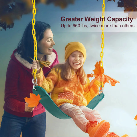 Smiling child on heavy duty swing seat with 660 lb capacity anti rust chains and plastic-coated tree straps outdoors