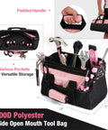 Pink 277 Piece Home Repair Kit with wide mouth 13 inch tool bag, showing assorted tools including hammer and screwdrivers.