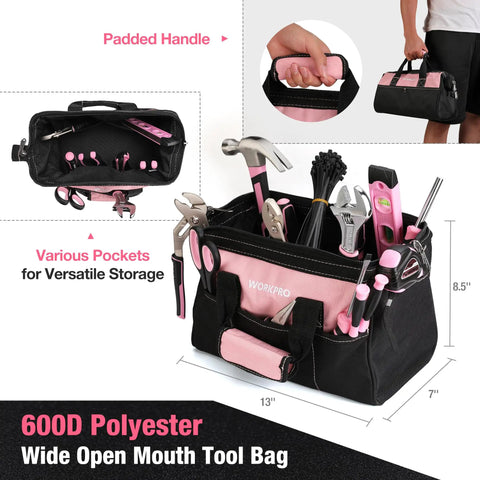Pink 277 Piece Home Repair Kit with wide mouth 13 inch tool bag, showing assorted tools including hammer and screwdrivers.