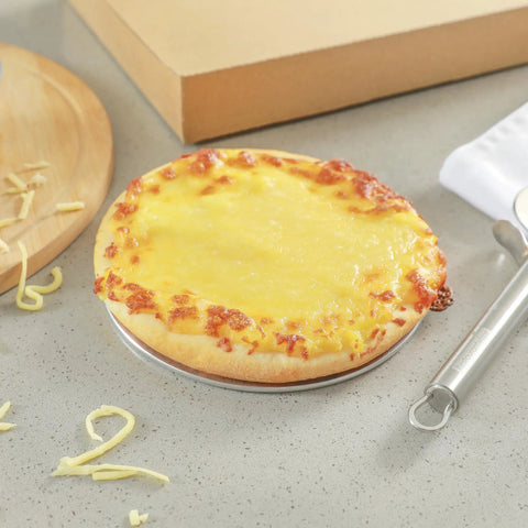 Cheese pizza on an aluminum 6 inch pizza screen designed for crispy crust and fast even baking, seamless rim visible