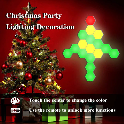 Hexagon LED Wall Panels with Touch Remote next to Christmas tree, USB powered, 12 pack for autism therapy and playroom decor