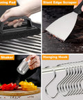 28 Piece Griddle Accessories Kit For Indoor Or Outdoor BBQ with cleaning pad, slant edge scraper, salt shaker, hanging hooks.