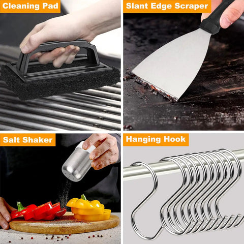 28 Piece Griddle Accessories Kit For Indoor Or Outdoor BBQ with cleaning pad, slant edge scraper, salt shaker, hanging hooks.