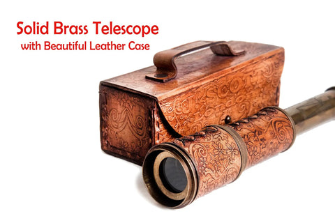 Old School Bronze Spyglass With Leather Case Seventeen Point Five Inch Brass Telescope For Nautical Fans And History Buffs Vintage Style Decor Gift For Collectors And Adventurers. Brass telescope with carved leather case