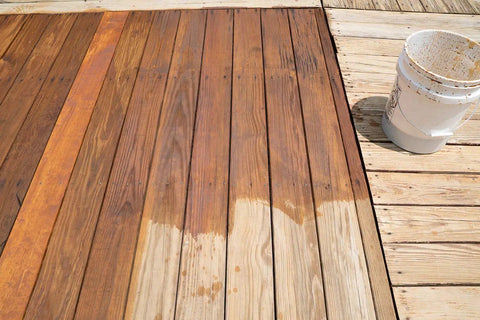 Heavy Duty Water Based Deck Stain And Sealer In One Semi Transparent Wood Finish For Outdoor Decks showing application on wooden surface.