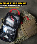 Everlit 180-piece tactical first aid kit in MOLLE EMT pouch, opened to show bandages and scissors on a camo backpack.