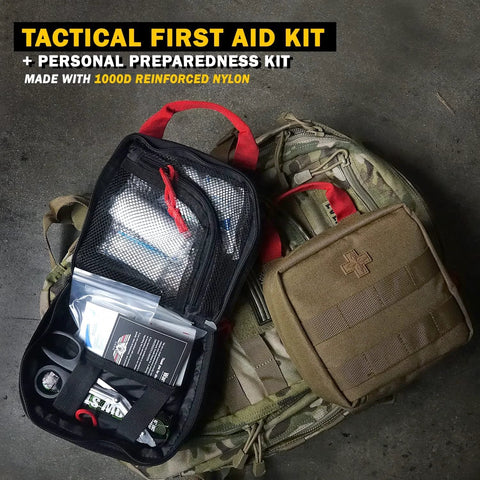 Everlit 180-piece tactical first aid kit in MOLLE EMT pouch, opened to show bandages and scissors on a camo backpack.