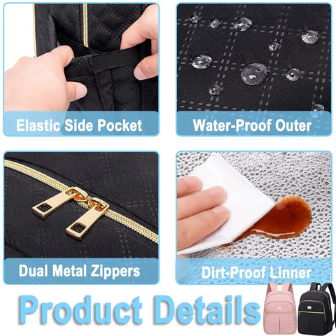 Womens Lunch Backpack With 20L Insulated Cooler showing elastic side pocket, waterproof outer, dual metal zippers, dirt-proof liner