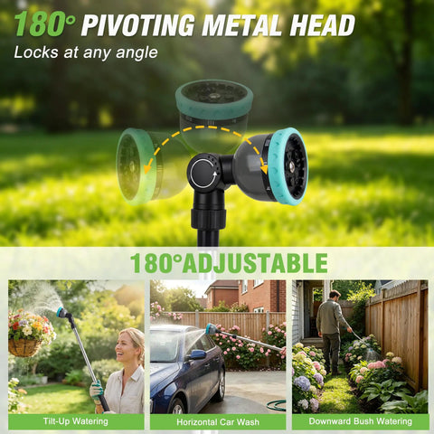 Extendable Watering Wand 37 To 55 Inch with 9 Pattern Heavy Duty Metal Nozzle Pivot Head and Thumb Flow Control in use