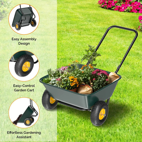 Workhorse Two Wheel Wheelbarrow Cart With 330 Pound Capacity Plastic And Steel Garden Wagon filled with plants on grass
