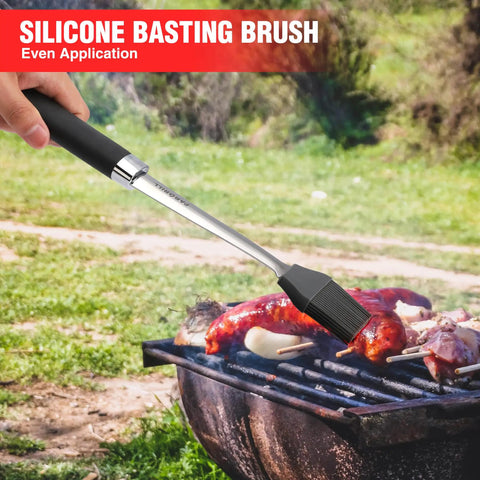 Silicone basting brush applying sauce on grilled meat outdoors from Heavy Duty BBQ Tool Set With Premium Stainless Steel Spatula Fork Brush And Tongs For Grilling Lovers Outdoors A Top Notch Gift Idea For Men And Women Who Live For The Grill.