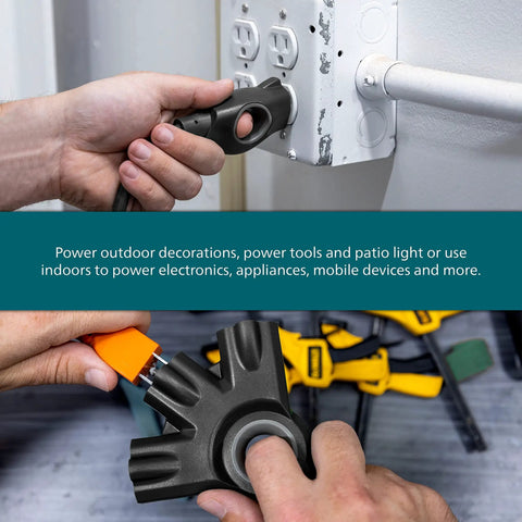 EZGrip 25 Ft Heavy Duty Outdoor Extension Cord With Multiple Outlets in use, showing ergonomic grip and connection to power tool