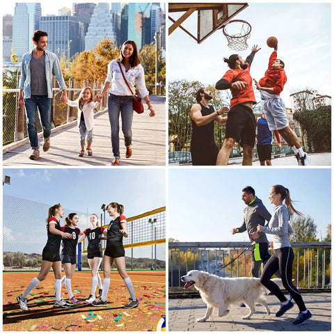 Collage of outdoor activities with basketball and jogging, illustrating diverse uses for Ankle Support Brace 2 Pack For Women And Men.
