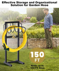 Built Tough Heavy Duty Outdoor Garden Hose Holder Freestanding Stand With Brass Faucet And Four Prongs, holding yellow hose