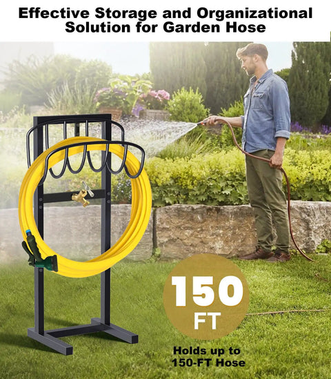 Built Tough Heavy Duty Outdoor Garden Hose Holder Freestanding Stand With Brass Faucet And Four Prongs, holding yellow hose