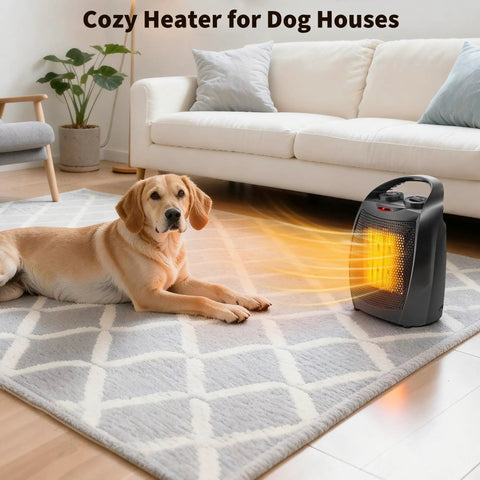 Compact Ceramic Desk Heater Space Saver With Thermostat 1500W 750W Dual Power Settings next to a dog on a rug in a living room