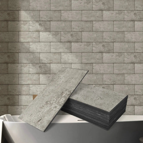 Dark Slate Peel And Stick Backsplash Kit For Kitchen And Bath Large 5.9in x 11.8in Self Adhesive Subway Tiles in a bathroom setting