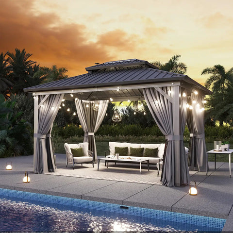 Hardtop 10x14 Gazebo With Aluminum Frame And Double Galvanized Steel Roof Outdoor Metal Pavilion With Netting And Curtains
