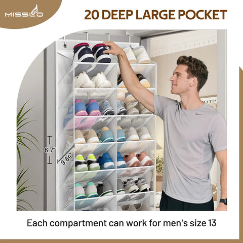 Man adjusting Over The Door Shoe Organizer With Breathable Mesh 10 Tier Holds 30 Pairs White Closet Storage Space Saver
