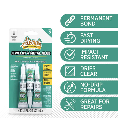 Packaging of Jewelry And Metal Glue Three Pack 0.1 Oz Instant Adhesive showing front view with product features detailed.