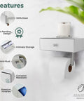 Toilet Paper Holder With Built In Shelf And Wipes Dispenser Must Have Hidden Wet Wipе Storage Stainless Steel Wall Mount Bathroom Organizer White And Silver Finish displayed with features highlights.