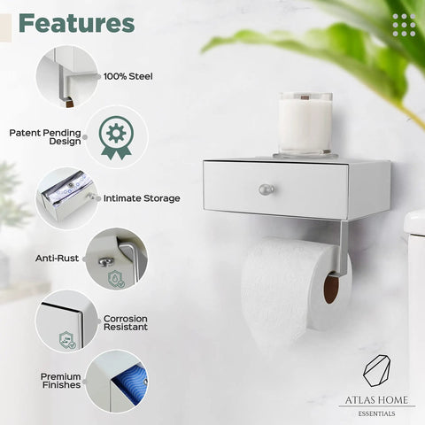 Toilet Paper Holder With Built In Shelf And Wipes Dispenser Must Have Hidden Wet Wipе Storage Stainless Steel Wall Mount Bathroom Organizer White And Silver Finish displayed with features highlights.