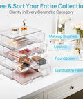 Clear Stackable Storage Drawers 2 Pack Wide Plastic Organizers display makeup brushes, lipstick, foundation, and palettes.