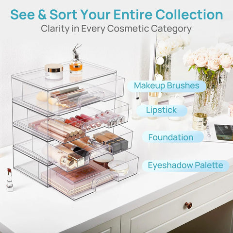 Clear Stackable Storage Drawers 2 Pack Wide Plastic Organizers display makeup brushes, lipstick, foundation, and palettes.