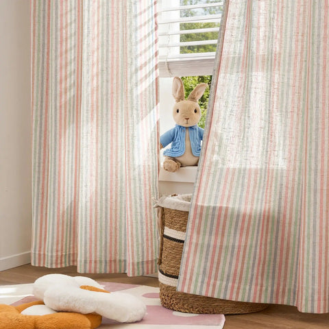 Candy Stripe Linen Curtains For Kids Room Two Panels 96 Inch Length Kid Friendly Grommet Window Treatments Light Filtering Nursery Drapes With Multicolor Stripes Soft Linen Blend hanging in a children's room with a toy rabbit.