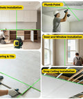 Self Leveling Laser Level With 4x360 Degree Green Beam Cross Line Coverage For Whole Room Remote Control And Rotatable Window For Picture Hanging And Home Renovation Precise Layout Vertical Calibration And Easy Positioning Pro Grade Precision used for cabinet, door, tile, and ceiling installation