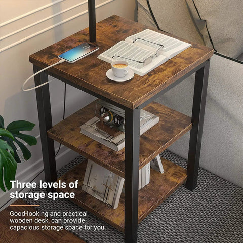 Industrial Floor Lamp With End Table And USB Port Charging Station Power Outlet Built In Rustic Nightstand With Shelves