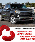 Red Tow Hook Covers For Chevy Silverado 1500 2007-2026 And GMC Sierra 1500 2007-2018 against a black truck background