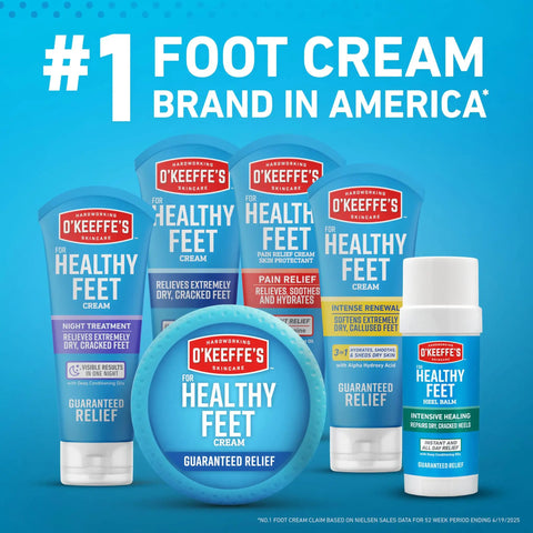 #1 brand O'Keeffe's Healthy Feet Foot Cream with concentrated moisture lock for extremely cracked dry feet in various product sizes